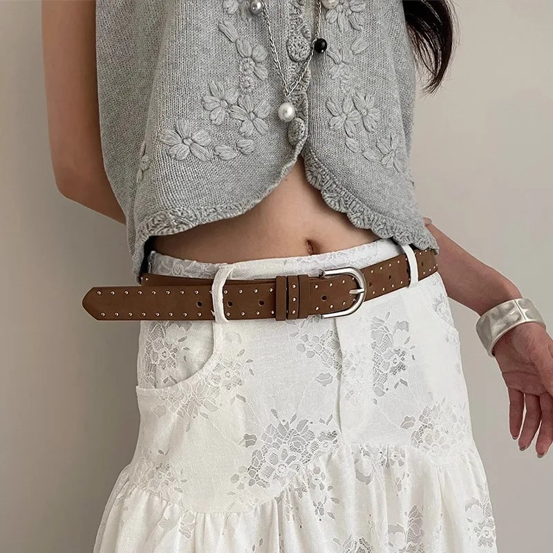 Retro Solid Color Rivet Belt Ladies Niche High-Grade Feeling Punk Belt With Skirt Jeans Belt Accessories