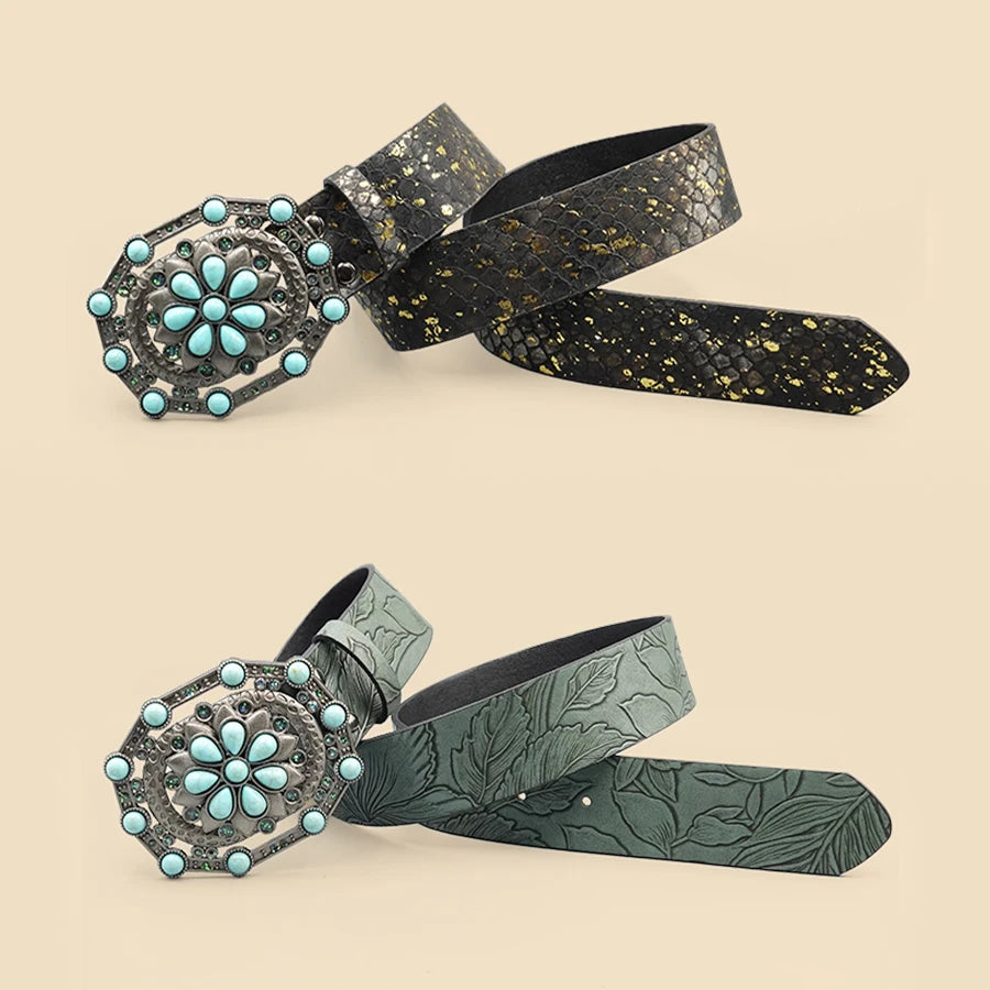 Retro Court Style Imitation Gemstone Inlaid Women's Wide Belt, Western Denim Style, Niche Women's Belt