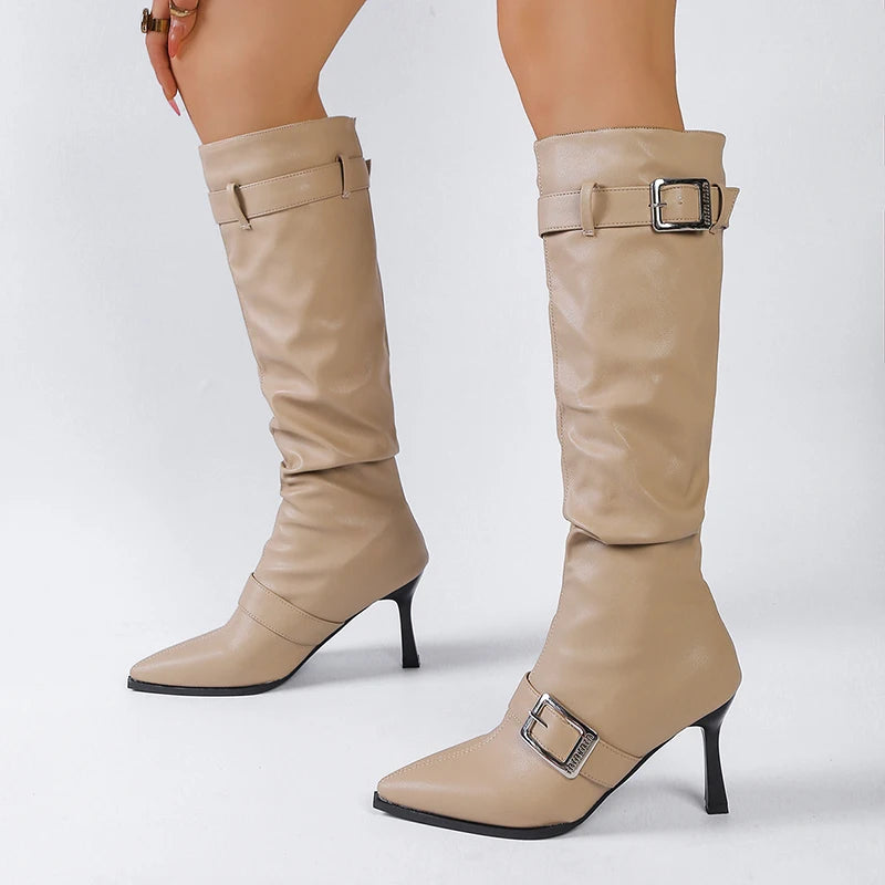 Sexy Black Pointed Toe Knee High Boots Women Fashion Belt Buckle Thin Heel Long Boots Woman Pu Leather High Heel Botas Mujer 42