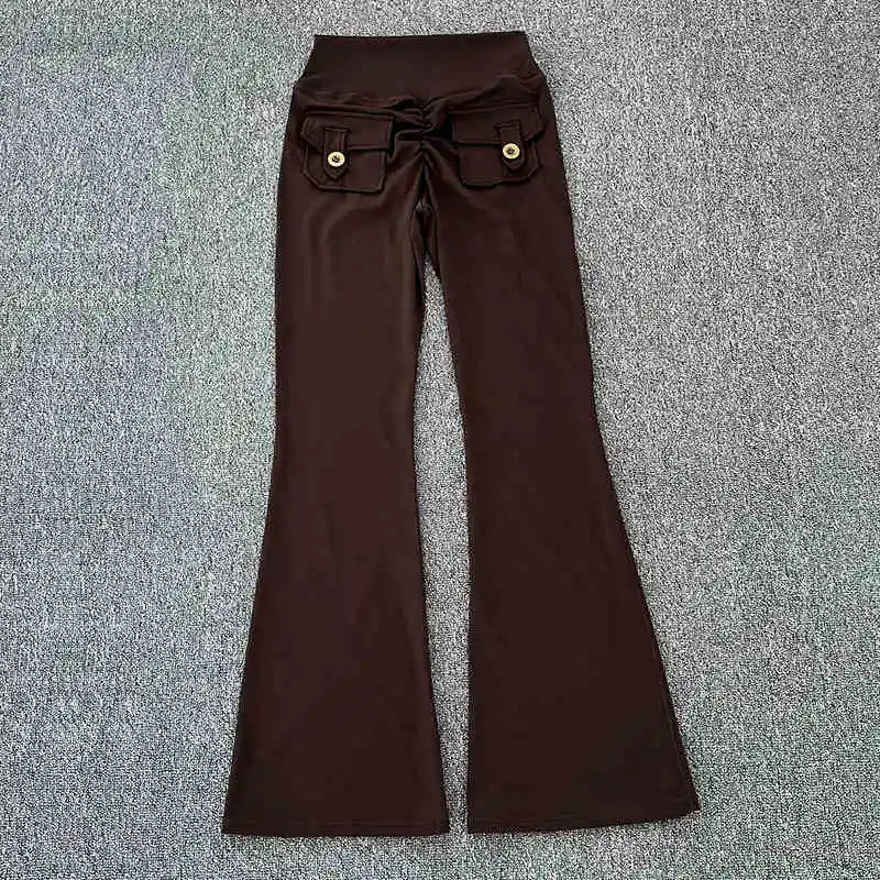 Polyamide Nude High Waist Cargo Pocket Long Yoga Fitness Gym Flare Long Pants Women Activewear