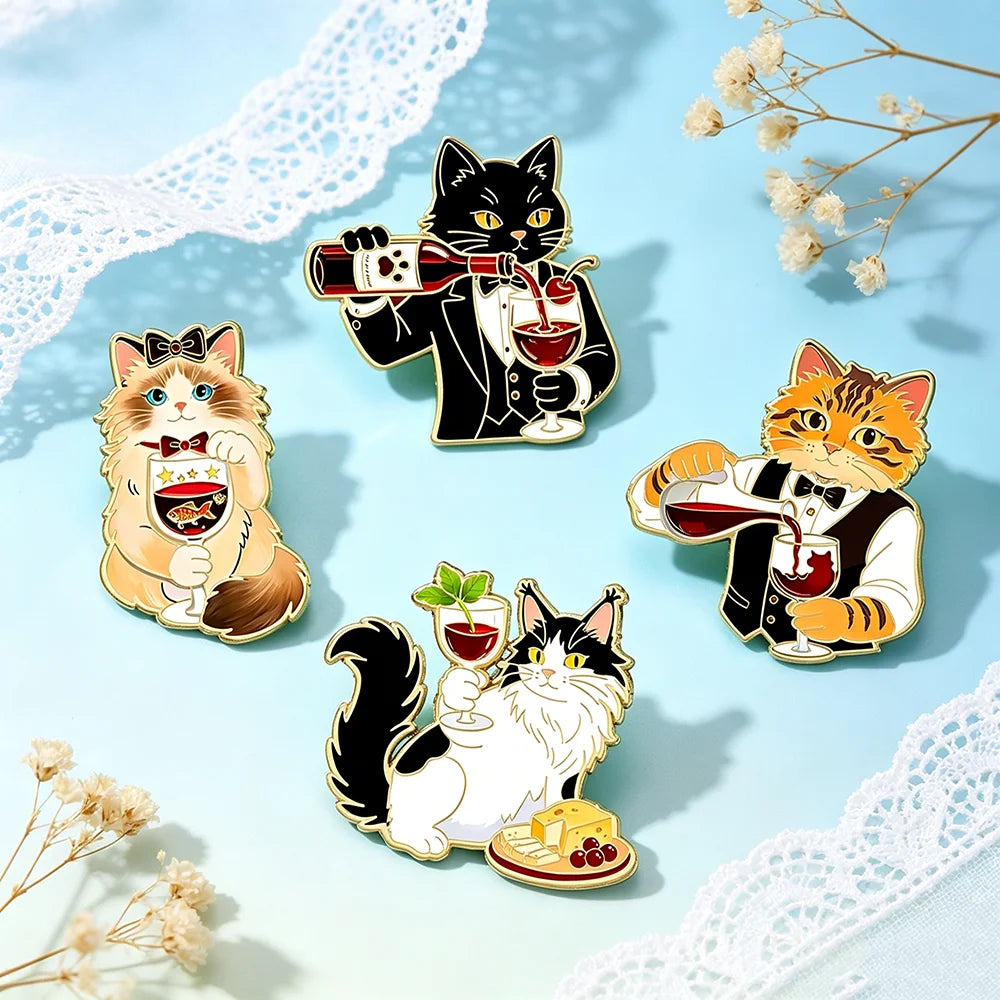 Funny Gentleman Cat Enamel Pins Wine & Cheese Themed Cute Animal Brooches Cute Waiter Kitty Lapel Badges Backpack Jewelry Gifts
