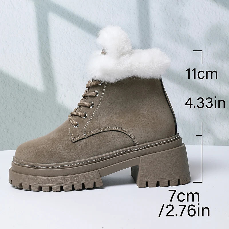 Thick Heels Faux Fur Ankle Boots Women Fashion Lace Up Long Plush Winter Boots Woman Comfort Non Slip Cotton Padded Shoes Female