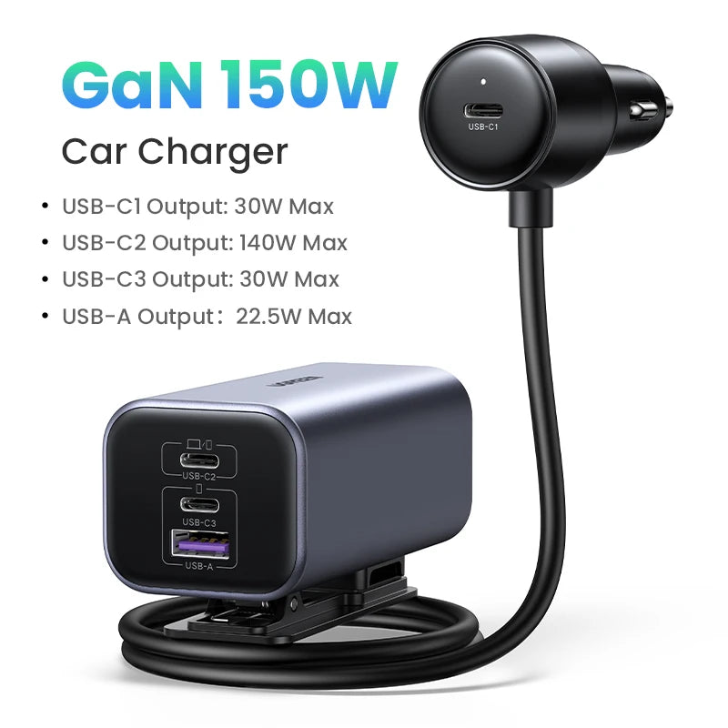 UGREEN Car Charger 150W Fast Charge Extender 4 USB Devices GaN Charger for iPhone 17 16 15 USB C Charger for iPad Notebook