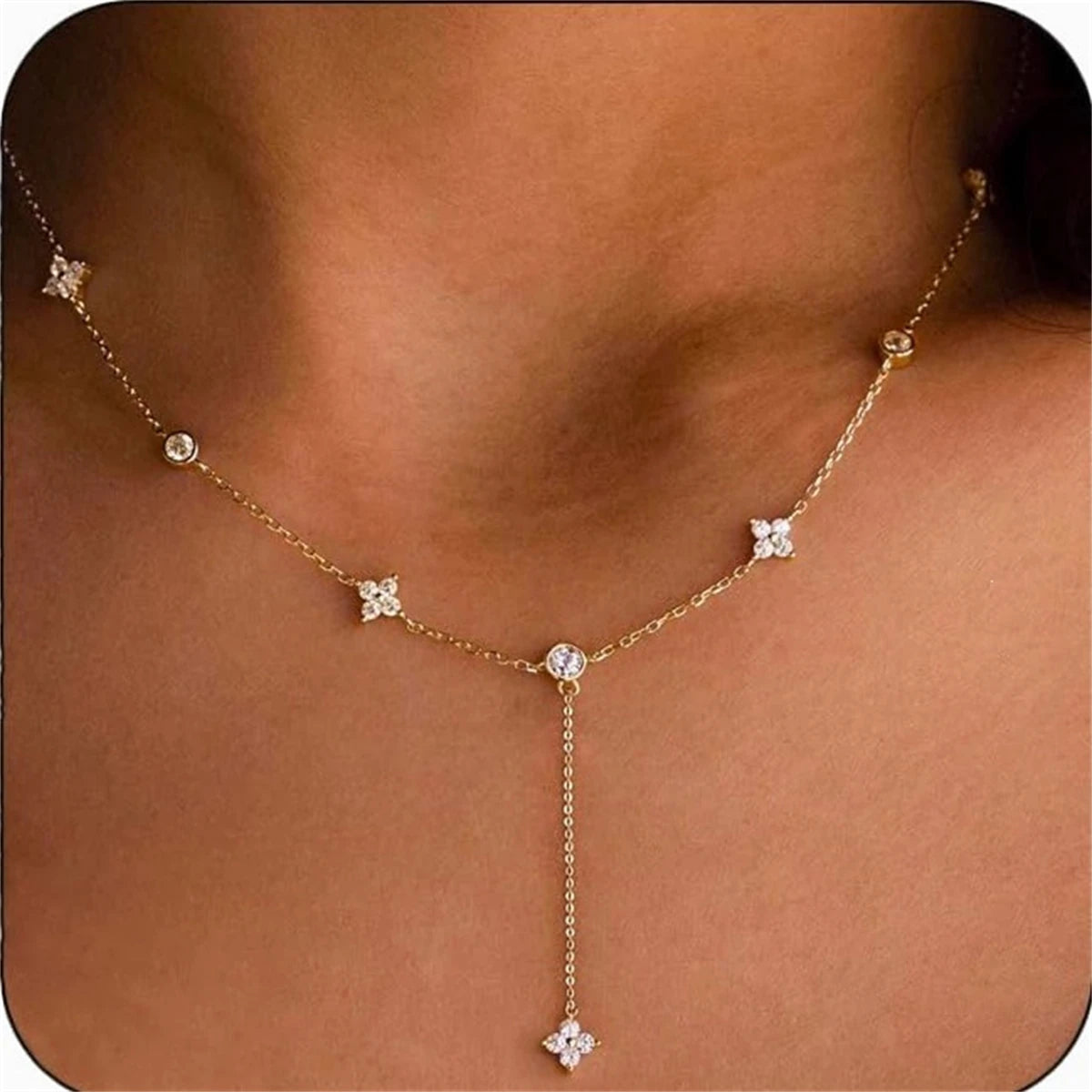 Delicate Flower Micro Pave Cubic Zirconia Necklace Starry Sky Pendant for Women Minimalist Dainty Gold Tone Layered Jewelry Gift