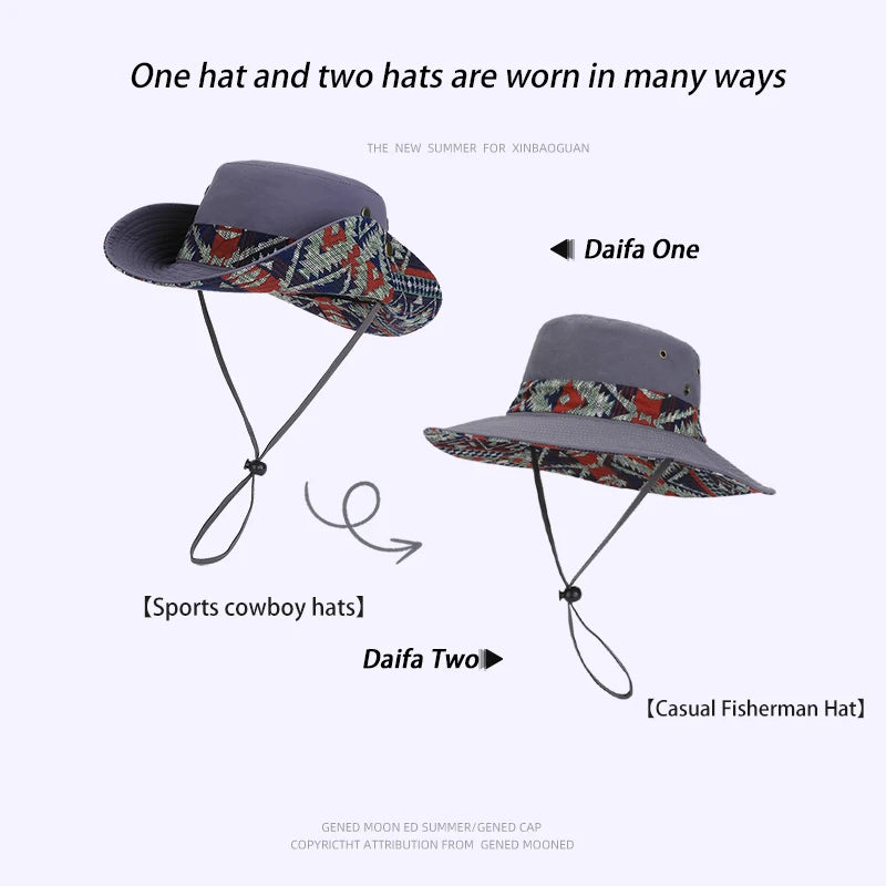 9275-New spring and summer men's and women's wide-brimmedfishermanhatswithethnicstylesuitableforoutdooractivitiessuchahiking