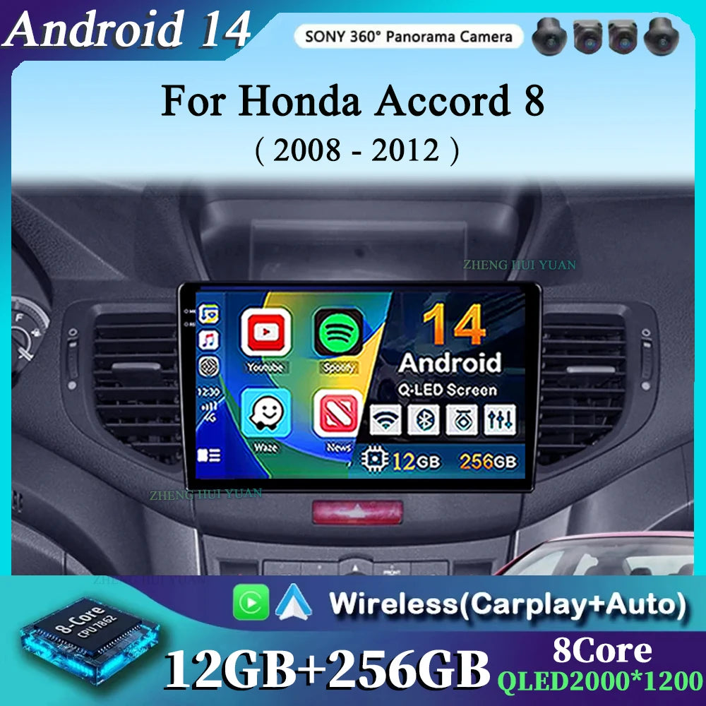 Android 14 For Honda Accord 8 2008 - 2012 CarPlay Auto 2K QLED Car Radio Multimedia Video Player GPS stereo Head Unit 4G WIFI
