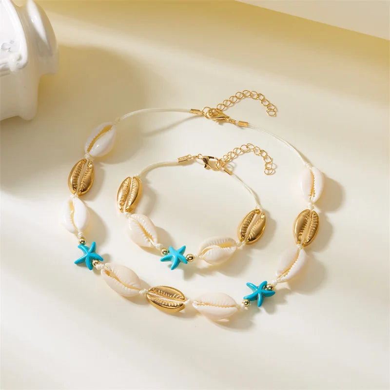 Bohemian Starfish Shell Charms Bracelet Necklace Set For Women Summer Beach Hand Woven Rope Necklace Vacation Party Jewelry Gift