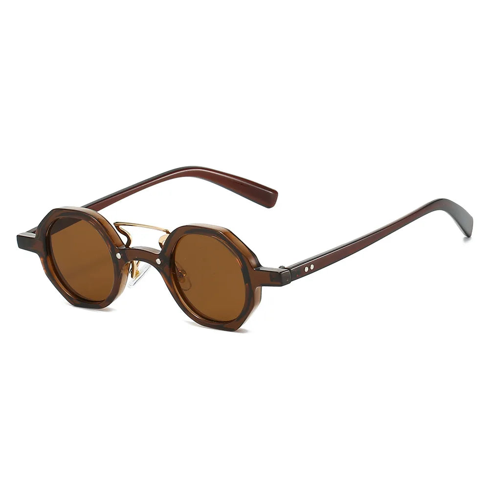 JNPCXI Retro Small Polygon Round Women Sunglasses UV400 Fashion Double Bridges Punk Men Rivets Clear Gradient Sun Glasses Shades