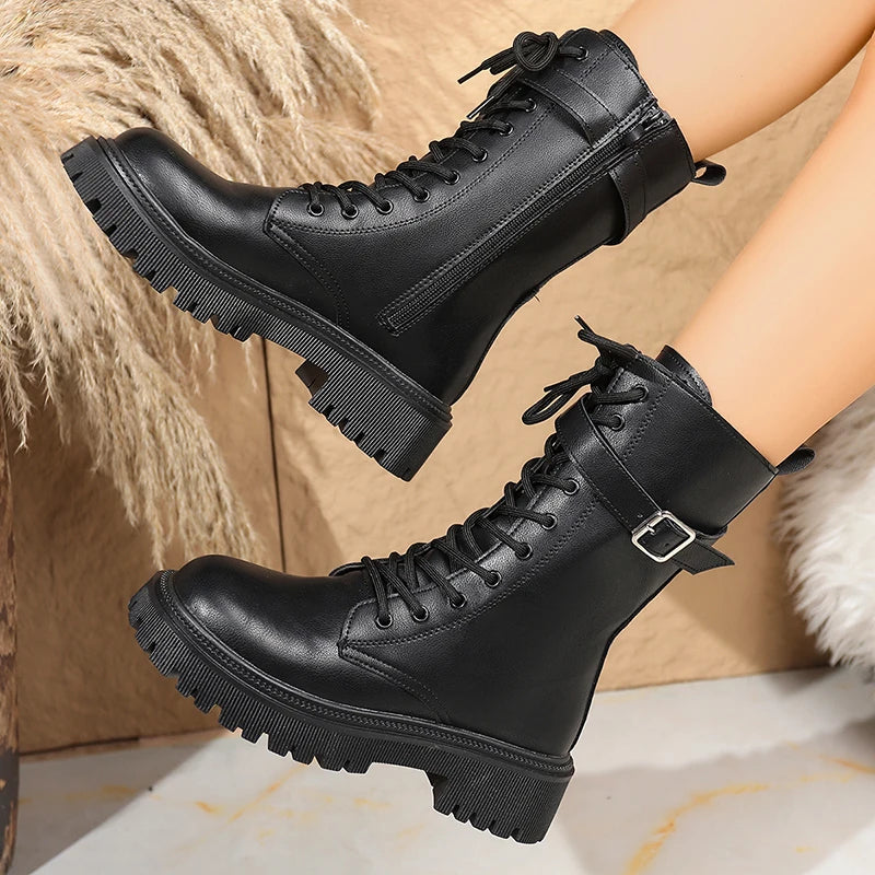 Fashion Buckle Platform Mid Calf Boots Women Lace Up Punk Motorcycle Boots Woman Autumn Winter Thick Sole Pu Leather Botas 35-42