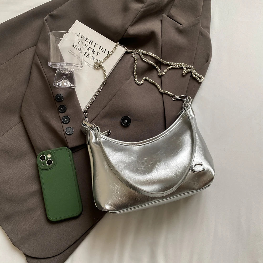 Women PU Casual Tote Handbag Chain Sling Bag Multi-Pockets Simple Satchel Bag