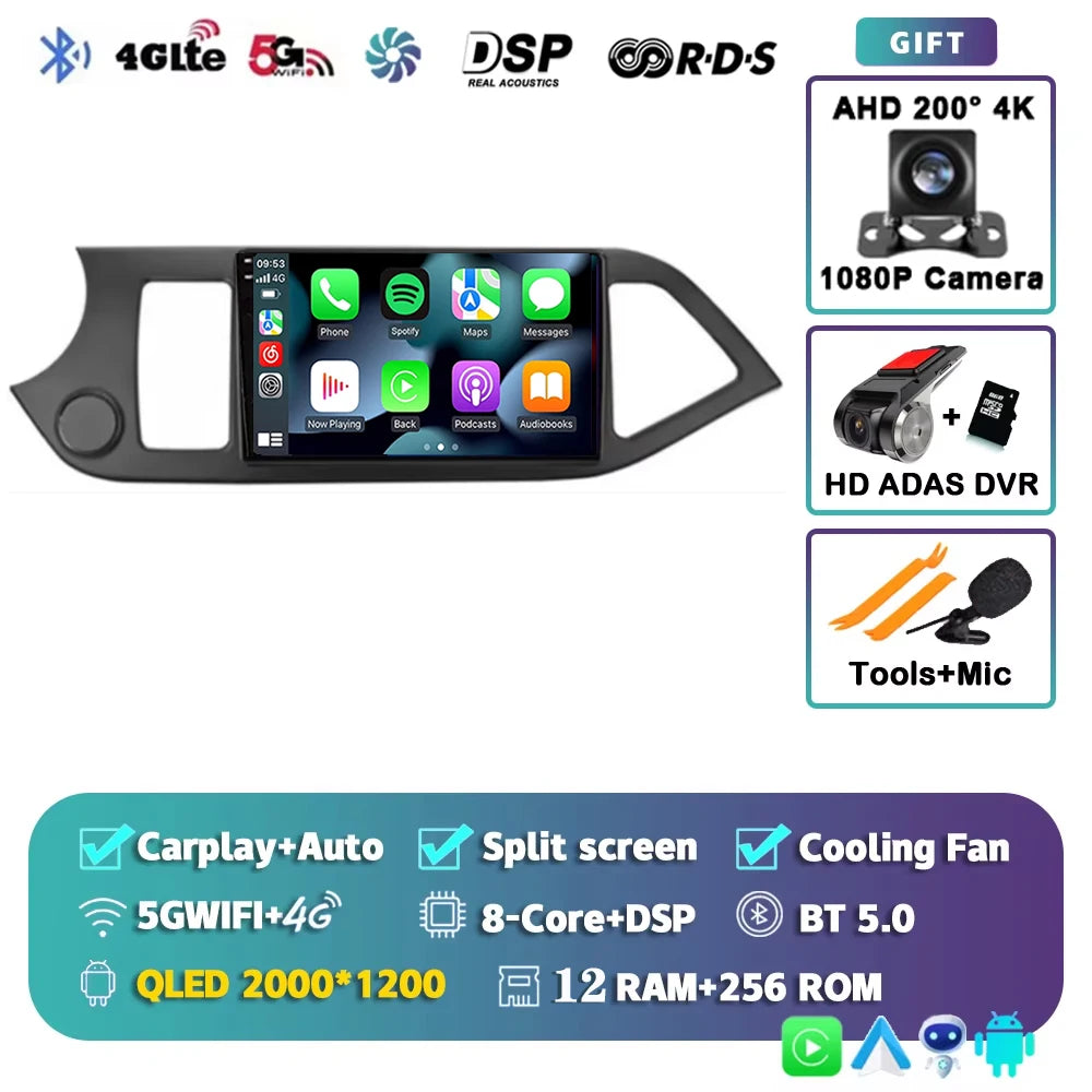 For KIA PICANTO Morning 2011 2012 - 2017 2K 12+256 QLED Android 15 CarPlay Car Radio Multimedia Video Player GPS stereo Head DSP