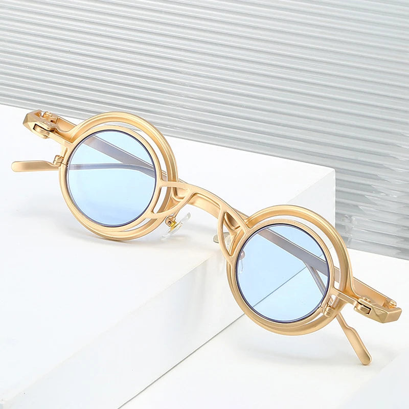 JNPCXI New 2 in 1 Punk Round Men Sunglasses Retro Rivets Women Gold Black Shades UV400 Sun Glasses
