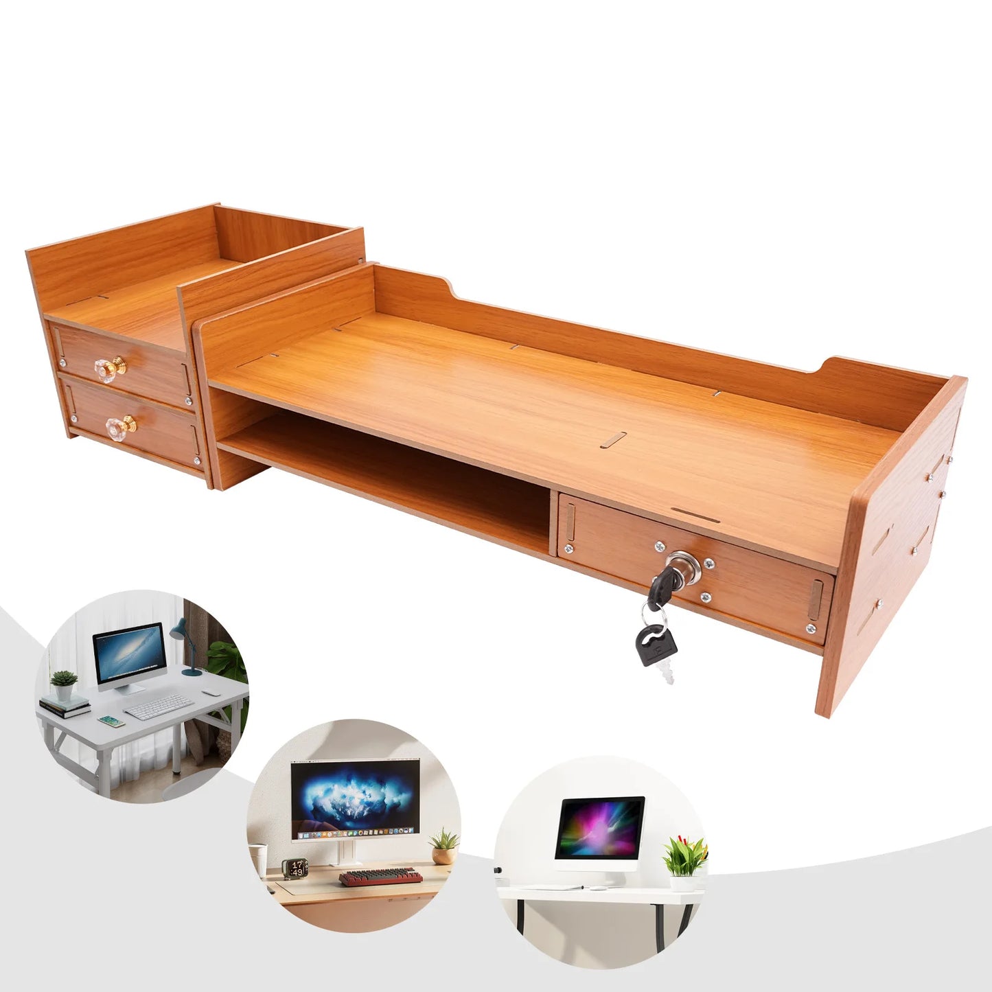 Wood Monitor Stand Riser Computer w/Drawer & Lock, Home Laptop Desktop Organizer