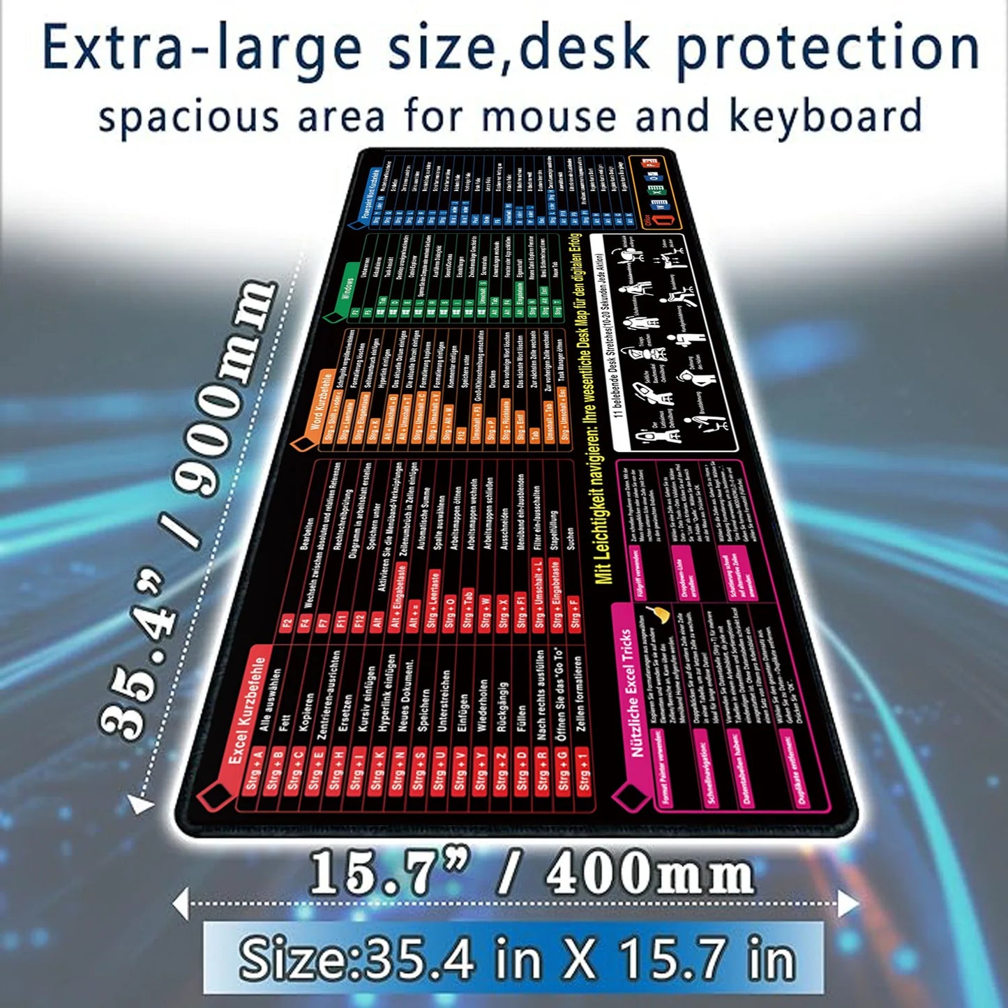 German Excel/Word/Windows/PPT Cheat Sheet Mouse pad, Computer Keyboard Pad for Office Workers Students Office Desk Mat