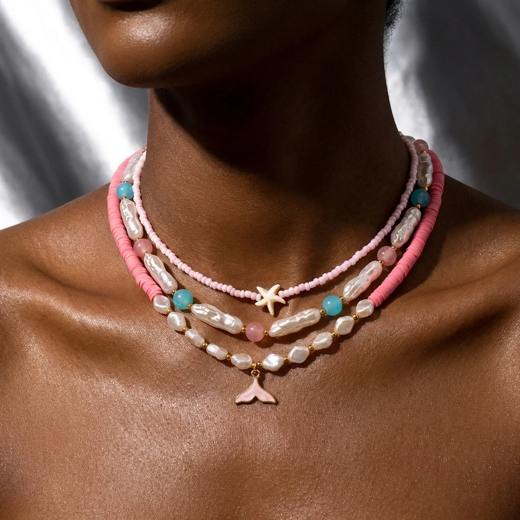 Bohemian Ocean 3Pcs Necklace Set For Women Fish Tail Starfish Pearl Polymer Clay Beaded Summer Jewelry