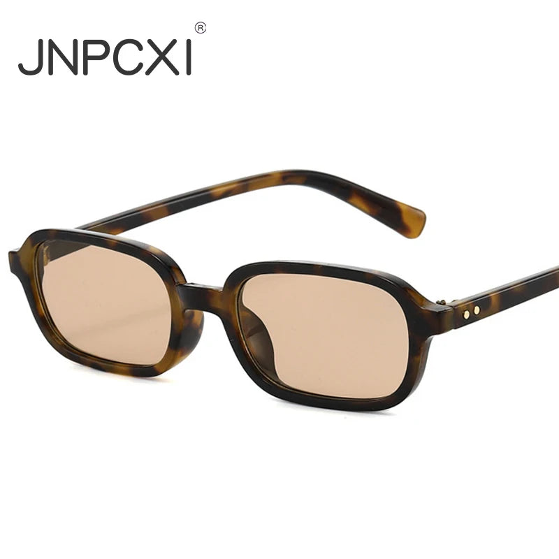 JNPCXI New Retro Small Rectangle Sunglasses Women Fashion Rivets Leopard Champagne Shades UV400 Men Punk Sun Glasses