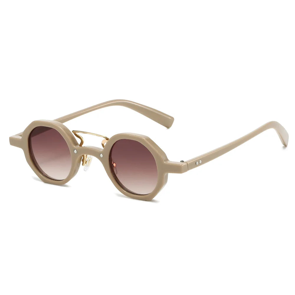 JNPCXI Retro Small Polygon Round Women Sunglasses UV400 Fashion Double Bridges Punk Men Rivets Clear Gradient Sun Glasses Shades