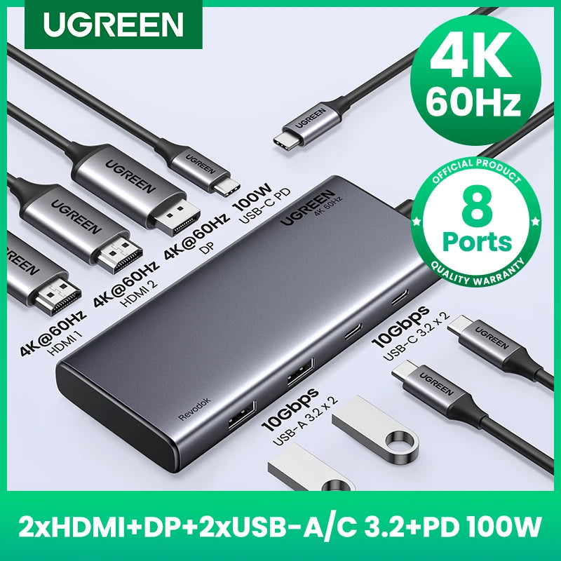 Triple Display USB C HUB 10Gbps 4K HDMI Adapter 8-in-1 Splitter with HDMI DP