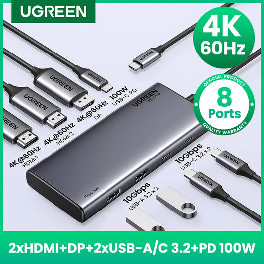 Triple Display USB C HUB 10Gbps 4K HDMI Adapter 8-in-1 Splitter with HDMI DP
