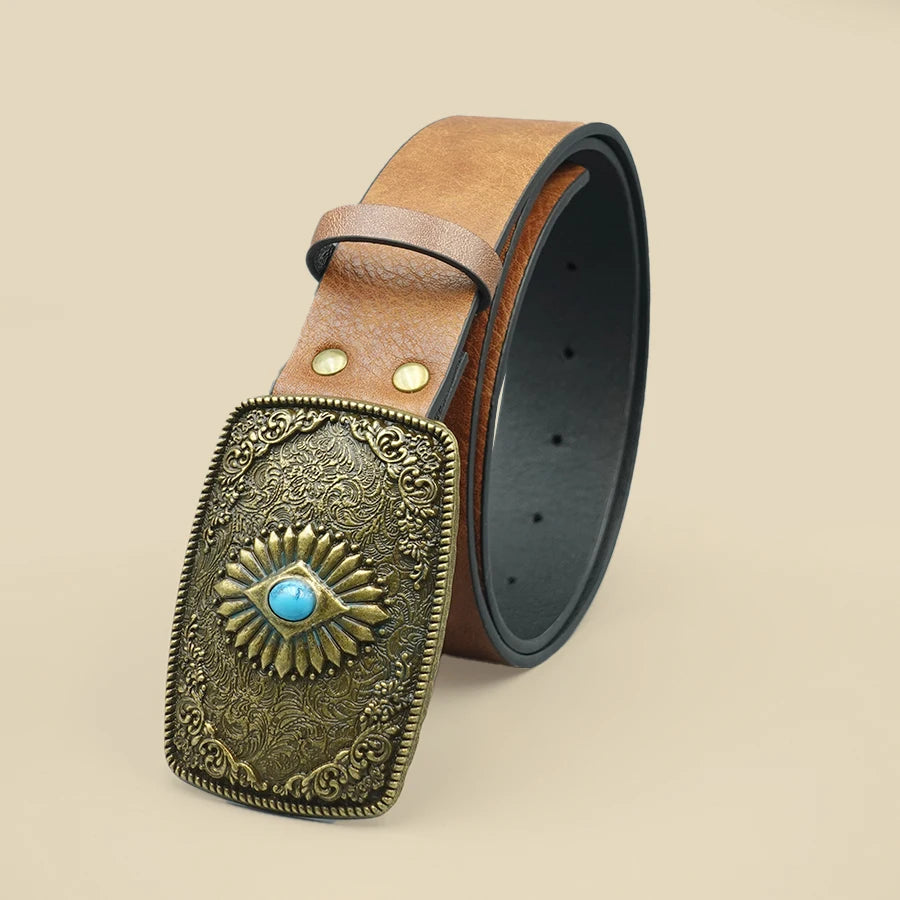 Elegant Vintage Royal Style Women's Belt with Floral Design and Blue Turquoise Inlaid Alloy Buckle - Ideal for Daily Commute and