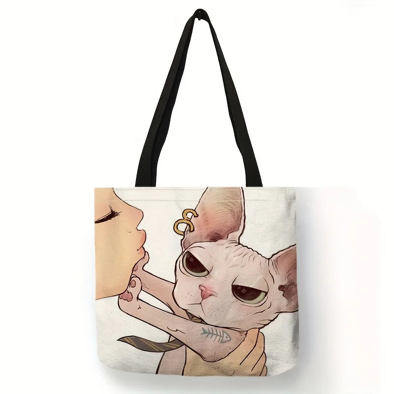 Cute Cartoon Cat Print Tote Bag, Large Shoulder Bag, Women's Casual Handbag