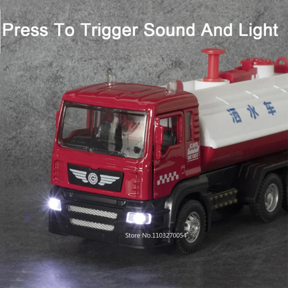 1/50 Sprinkler Truck Model Car Toy Alloy Diecast Engineering Vehicle Rubber Tire Sound Light Pull Back Toy Birthday Gift for Kid
