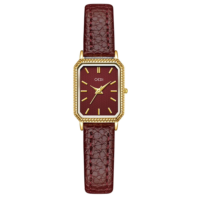 GEDI Ladies Small Wristwatches Elegant Square Vintage Watches for Woman Girlfriend Leather Strap Quartz Watch Gifts New
