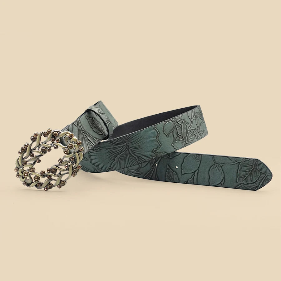 Deep Green Leaf Pattern Printed Women's Belt Vine Pattern Buckle Retro Casual Belt Jeans Dress Decoration