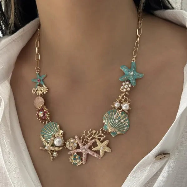 Exaggerated Metal Starfish Shell Pearl Necklace for Women Summer Ocean Coral Scallop Pendant Necklace Boho Beach Jewelry Gift