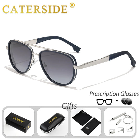 CATERSIDE Men Pilot Prescription Sunglasses Flat Top Double Bridges Design Round Prescription Sun Glasses Women Outdoor Glasses