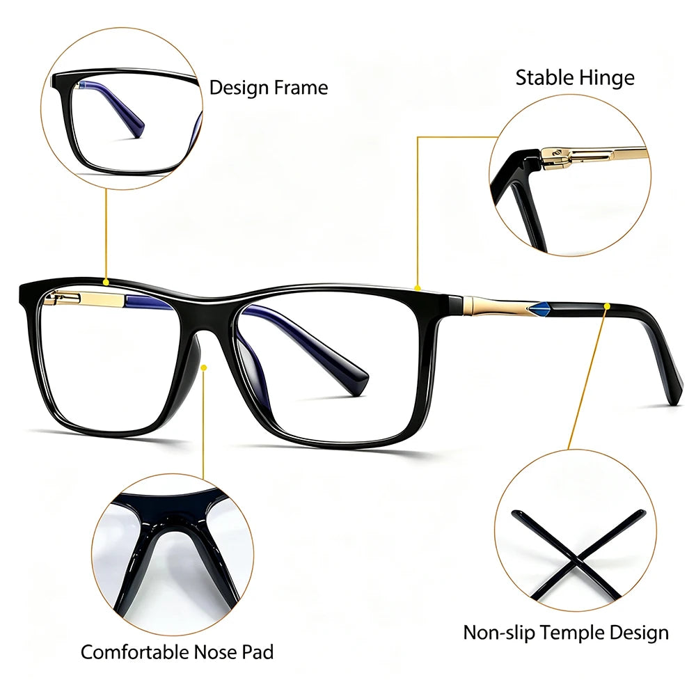 CATERSIDE Men's Tr90 Anti Blue Light Glasses Square Frame Glasses Classic Spring Leg Glasses Women's Computer Protective Glasses