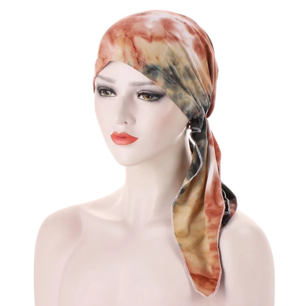 Trendy Print Women Muslim Hijab Caps Wrap Head Soft Elastic Long Tail Turban Bonnet Fashion Headdress Wearable