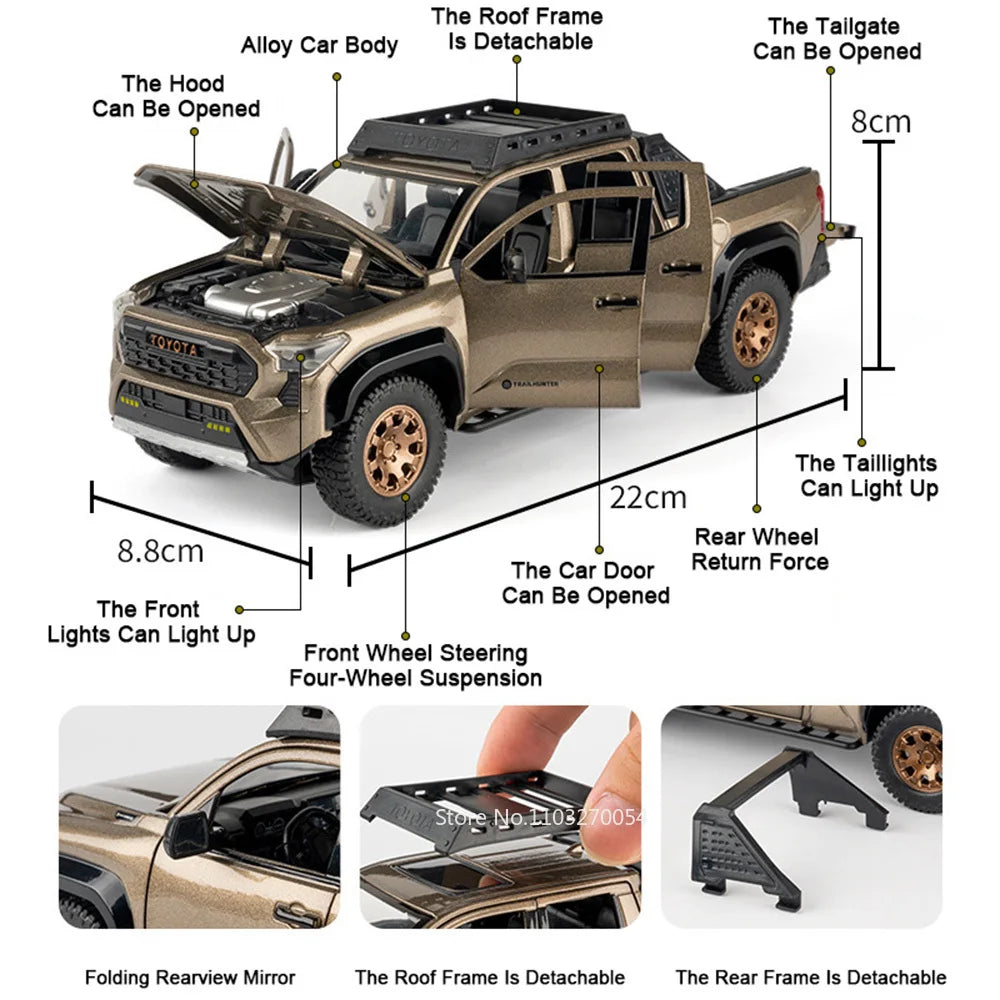 1:24 Tacoma Alloy Diecast Model Toys Cars Sound Light Pull Back Doors Opened Miniature Off-road Vehicles Decorations for Friends