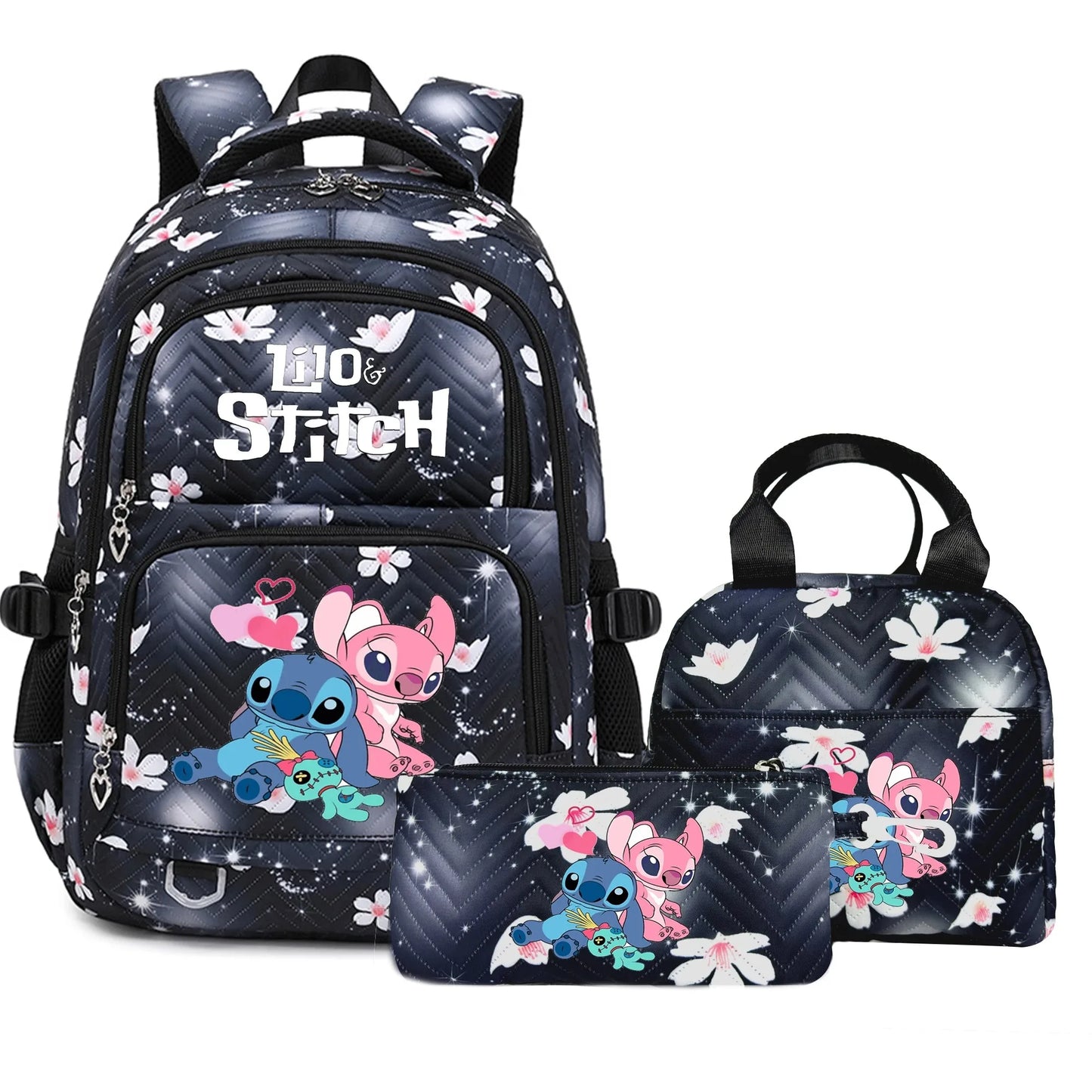 3PC Black Lilo Stitch XL Backpack Lightweight School Student Travel Lunch Bag 06