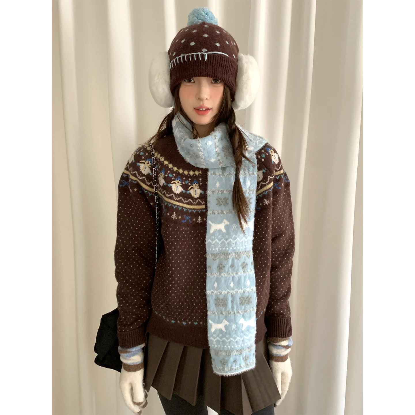 New Fair Lsle Cat Jacquard Knit Scarf For Women Autumn Winter Student Atmosphere Warmth Versatile Neckwear