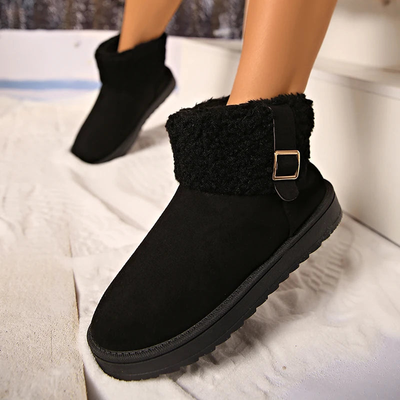 Buckle Decor Women's Platform Snow Boots 2025 Winter Non Slip Warm Plush Ankle Boots Women Comfort Slip On Cotton Shoes Woman