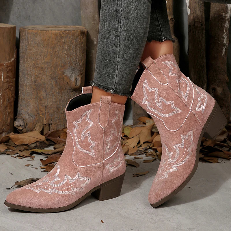 Vintage Embroidery Pattern Boots Women 2025 Square Heel Pointed Toe Ankle Boots Woman Comfortable Faux Suede Booties Mujer