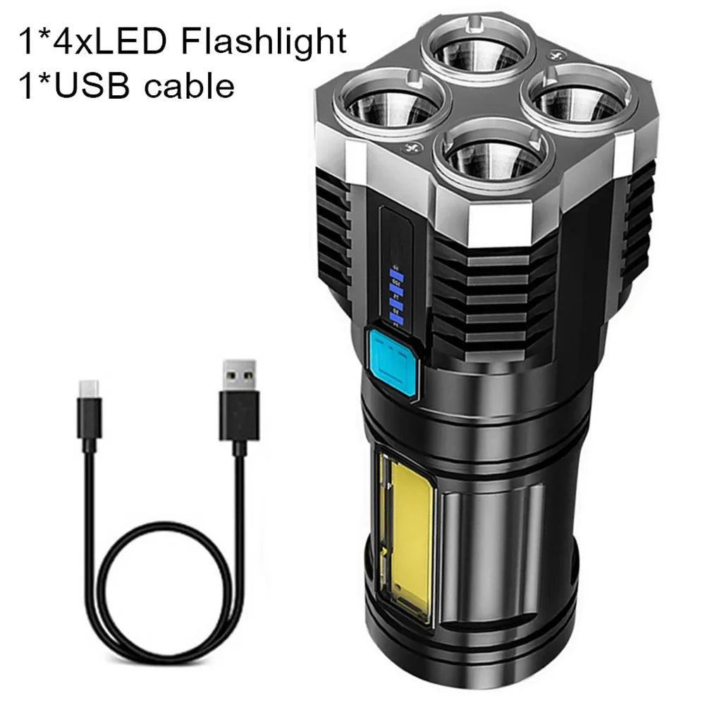 LED Flashlights Camping Torch With 4 Lamp Beads & COB Side Light Rechargeable