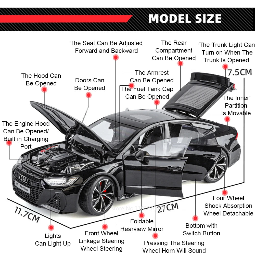 Large 1:18 RS7 A6L Alloy Diecast Model Car Toys 6 Doors Opened with Sound Light Front Wheel Steering Vehices for Boy Adult Gifts