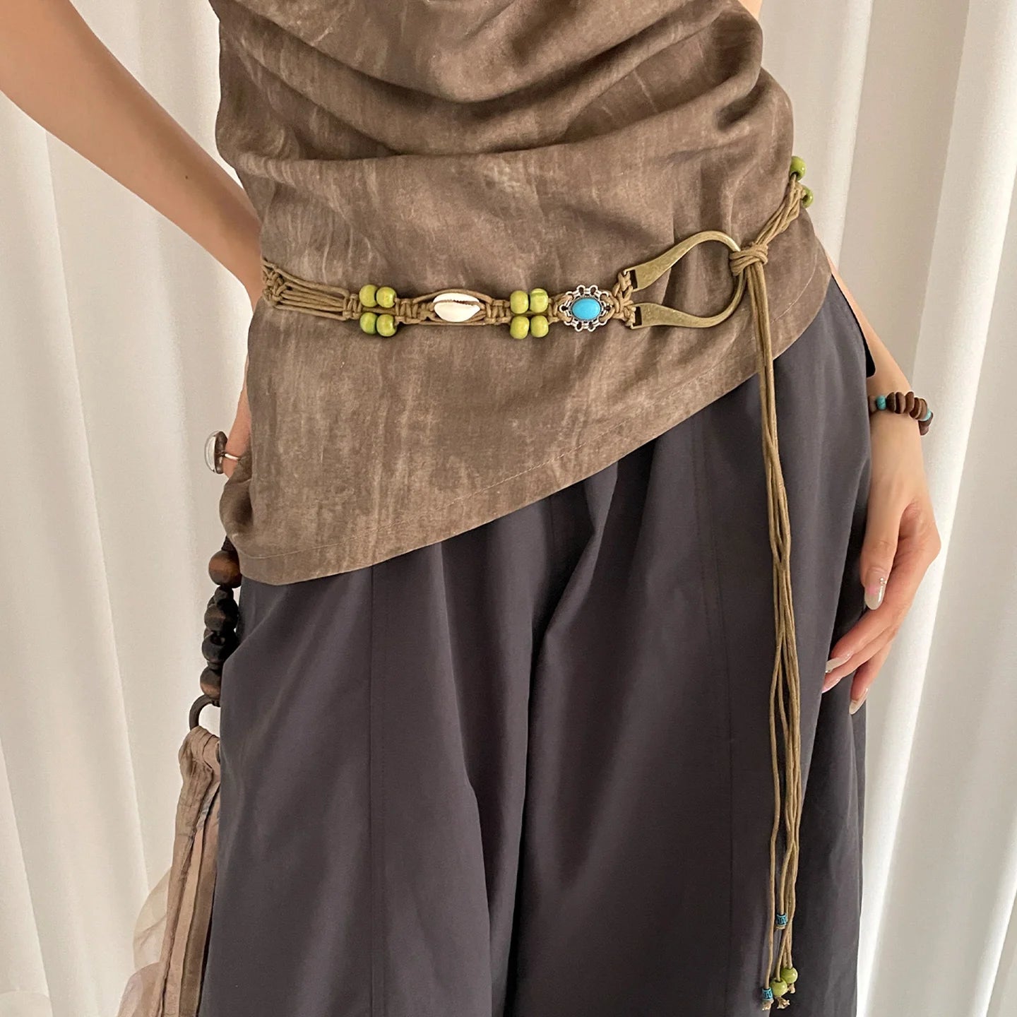 Bohemian Woven Shell Beads Brown Waist Rope Female Minority Retro Ethnic Style With Skirt Thin Waist Belt Accessory