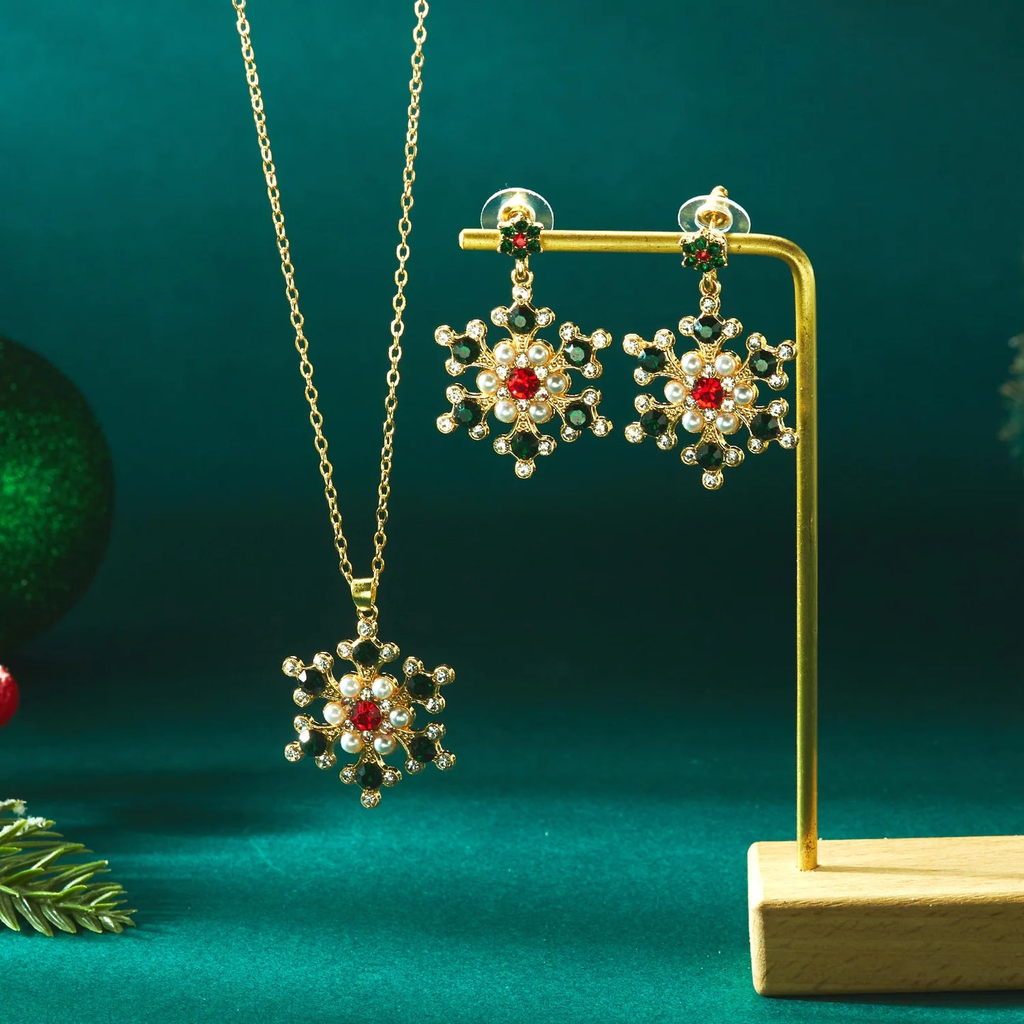 Christmas Colorful Rhinestone Imitation Pearl Snowflake Necklace Earrings Set For Women 2026 Xmas Jewelry Set Holiday Party Gift