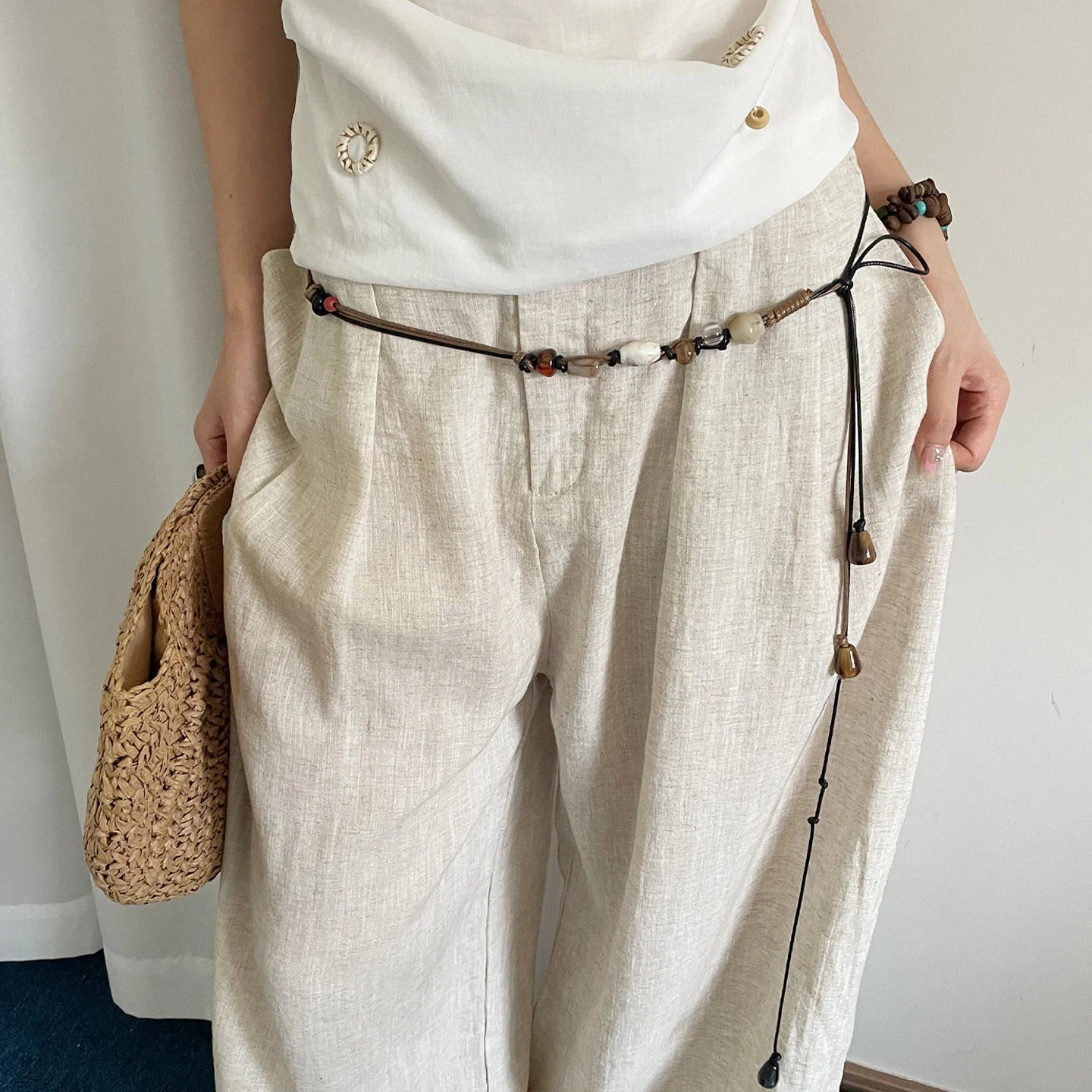 Wooden Bead Artisanal Hand-Woven Belt Versatile For Dresses Jeans And Women's Slenderizing Waist Rope