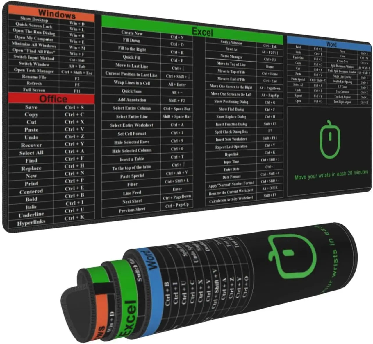 Excel Shortcut Keys Mouse Pad - Computer Word Outlook Command Prompt Extended Large Cheat Sheet Mousepad |PC Office Keyboard Mat