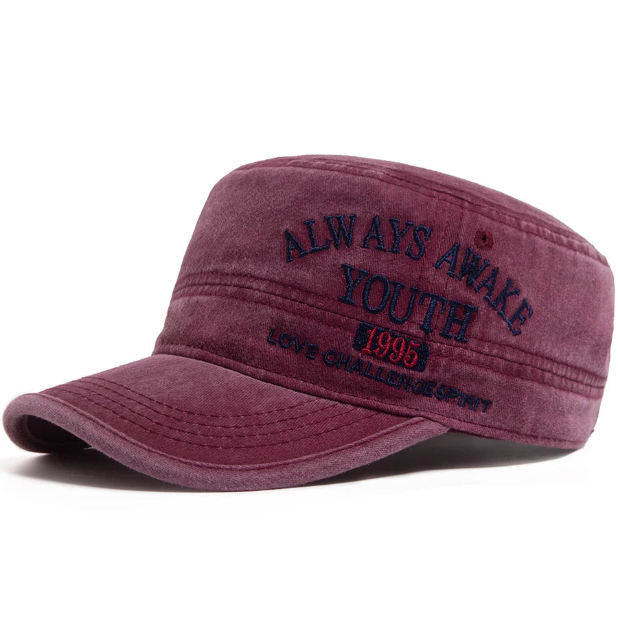 Vintage Flat Hat Men Letter Embroidery Visor Military Cap Outdoor Summer Retro Army Trucker Hats Women Baseball Caps Adjustable