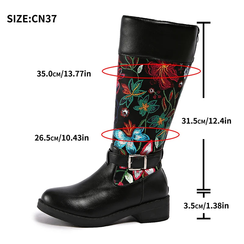Flowers Print Knee High Boots Women Plus Size 35-43 Thick Heels Long Boots Woman Back Zipper Decor Bohemian Knight Botas Mujer