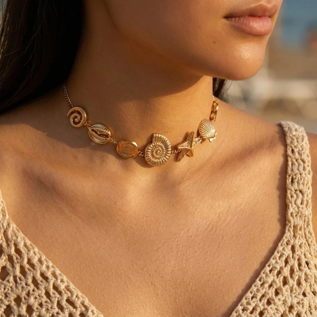 Statement Gold Seashell Starfish Choker Necklace for Women Boho Metal Conch Ocean Marine Charm Collar Summer Beach Jewelry