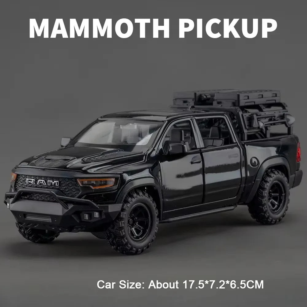 1:32 Scale Ram TRX Mammoth Pickup Car Model Diecast Alloy Toys with Sound Light Pull Back Doors Opened Camper Van Children's Toy