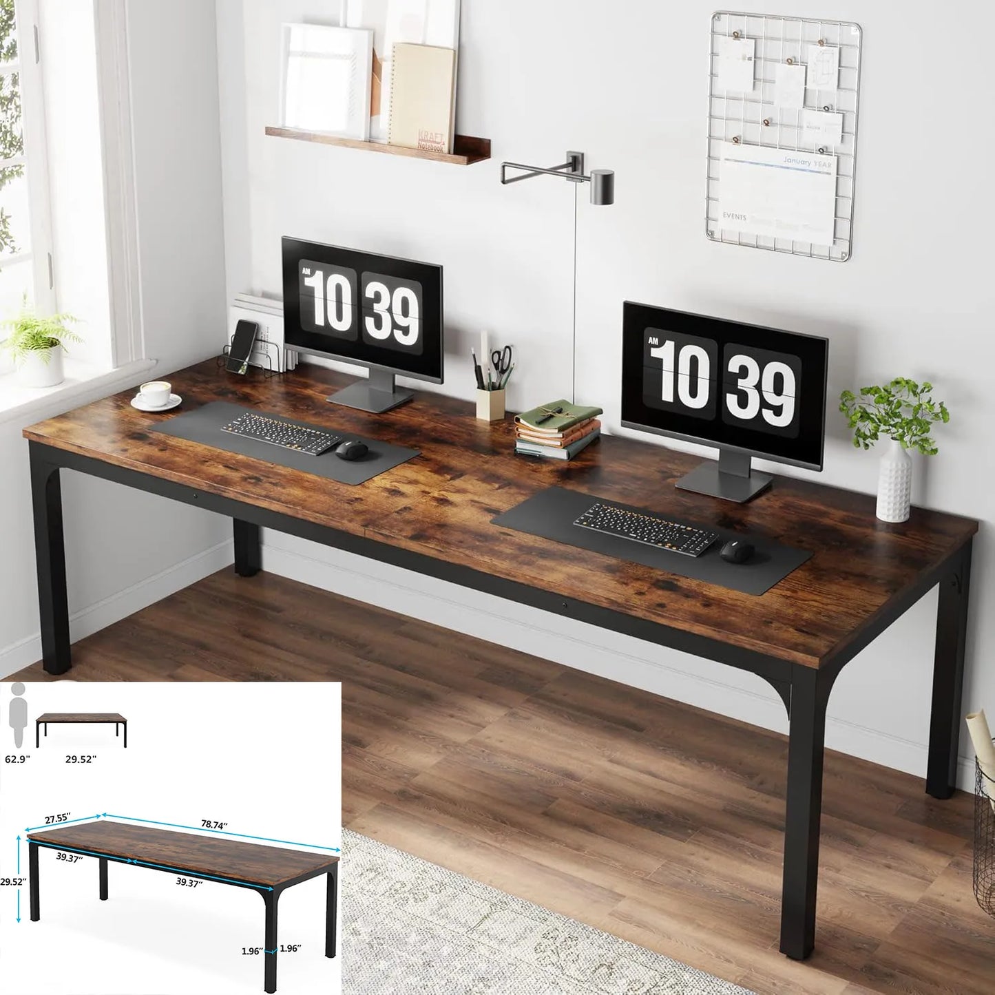 Computer Desk, 200 x 60 x 82 cm, Double Long Desk with 2 Drawers, Office Table