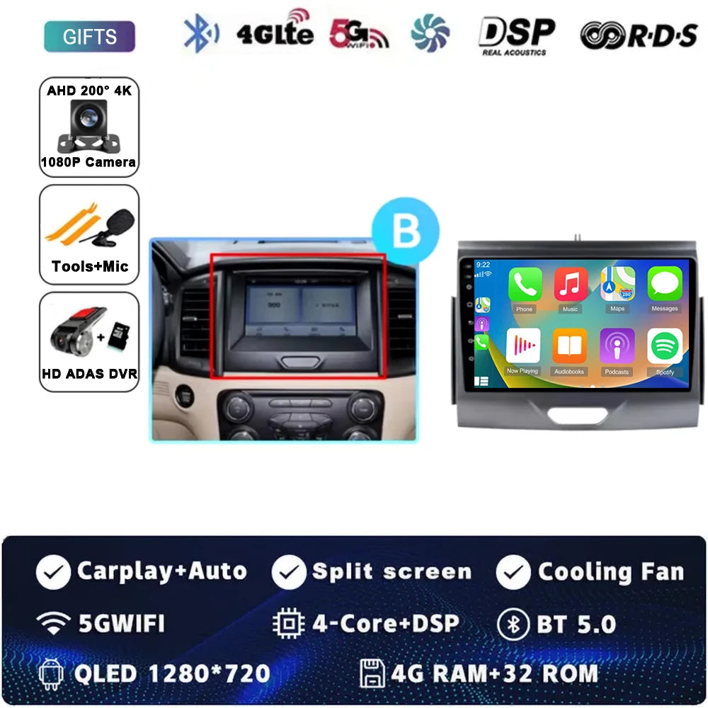 For Ford Ranger 2015 2016 2017 2018 2019-2022 Android 16 Car Radio Stereo QLED Screen GPS Multimedia Carplay Autoradio Head unit