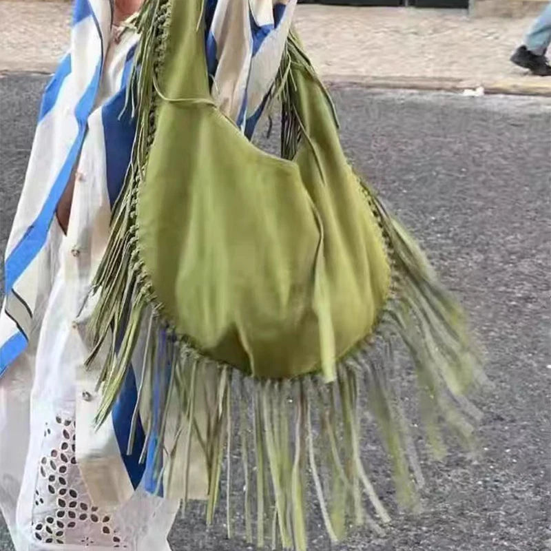 Retro Tassel Women Armpit Bag Suede Design Dumpling Shoulder Bag Western Cowboy